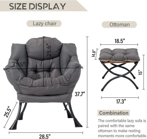 Lazy Chair with Ottoman, Modern Accent Chair Contemporary Lounge Leisure Sofa Chair with Armrests, Reading Chair and Folding Footstool Set for Living Room, Bedroom, Office, Dark Grey - Image 3