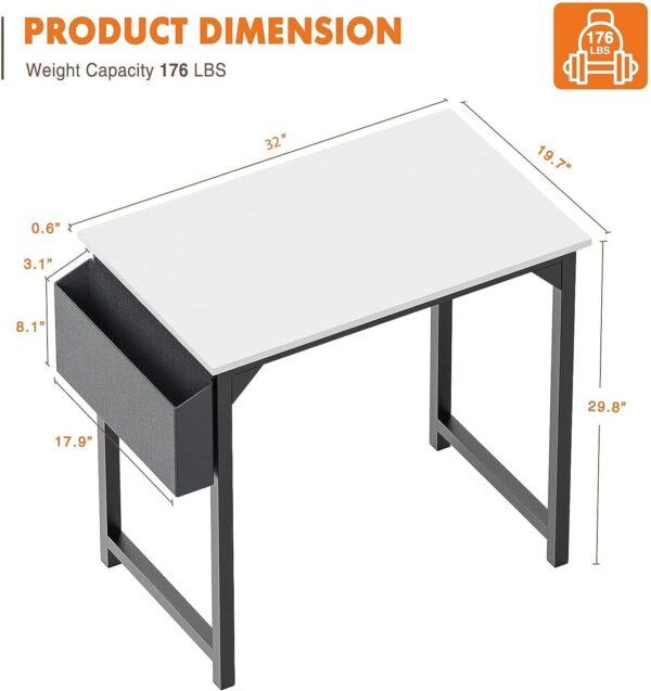 Sweetcrispy Computer Desk - 32 Inch Small Office Writing Work Study Kids Student Teacher Home Bedroom Table Storage Bag Headphone Hooks & no Wheels - White - Image 4