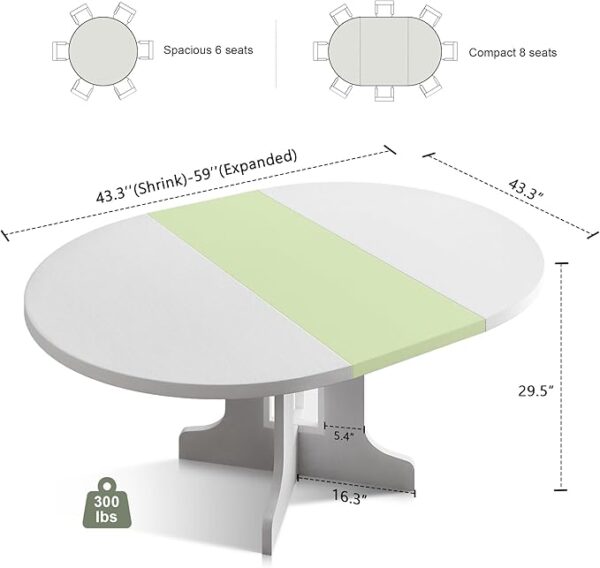 Feonase 59" Round Extendable Dining Room Table for 6, Modern Oval Kitchen Table with Heavy Duty Wood Base, for Kitchen Dining Living Room, Easy Assembly, Noise-Free, White - Image 4