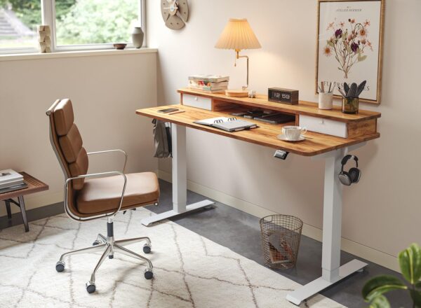 FEZIBO 55'' x 24'' Height Adjustable Electric Standing Desk with Double Drawer, Height Adjustable Computer Desk, Home Office Stand Up Table with 4 Height-Adjustable Feets & 2 Hooks, Light Rustic - Image 6