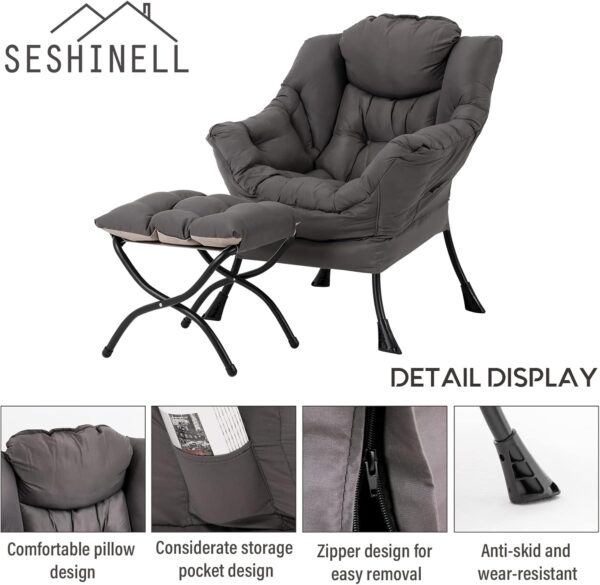 Lazy Chair with Ottoman, Modern Accent Chair Contemporary Lounge Leisure Sofa Chair with Armrests, Reading Chair and Folding Footstool Set for Living Room, Bedroom, Office, Dark Grey - Image 4