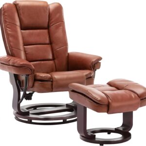 JC Home Argus Swivel Recliner with Ottoman, PU Leather & Wood Base Reclining Chair with Footrest, Ultra-Plush Double Foam for Living Room, Bedroom and Office