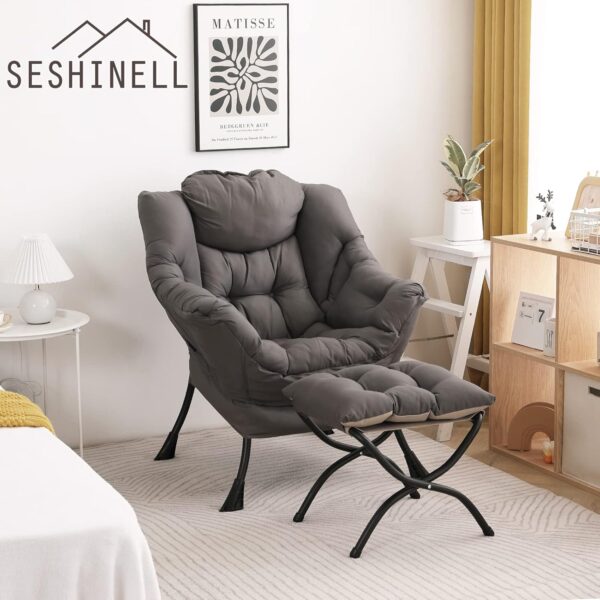 Lazy Chair with Ottoman, Modern Accent Chair Contemporary Lounge Leisure Sofa Chair with Armrests, Reading Chair and Folding Footstool Set for Living Room, Bedroom, Office, Dark Grey - Image 6