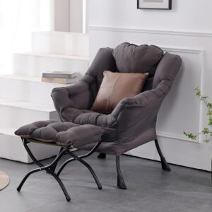 Lazy Chair with Ottoman, Modern Accent Chair Contemporary Lounge Leisure Sofa Chair with Armrests, Reading Chair and Folding Footstool Set for Living Room, Bedroom, Office, Dark Grey