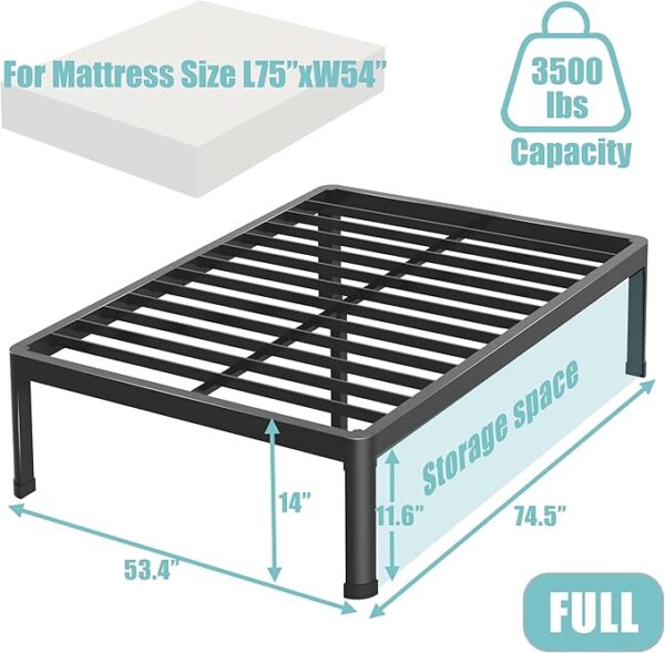Full Bed Frame with Round Corner Edge Legs, 14 Inch Heavy Duty Support 3500 lbs Metal Platform Bed Frame Full Size, No Box Spring Needed/Noise Free/Non-Slip/Steel Slat Support - Image 2