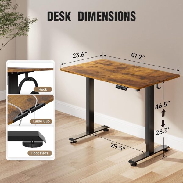 Veken 47.2" Standing Desk Electric, Height Adjustable Sit Stand Up, Wood Desktop, Work Home Office, Computer PC Table, Writing Rising Desks, Brown - Image 2