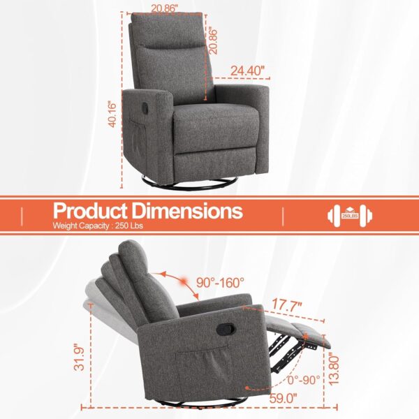 Sweetcrispy Recliner Chair, 360 Swivel Rocker Chair for Adults, Glider Rocker Recliners, Nursery Chairs for Living Room, High Back, Upholstered Deep Seat, Grey - Image 2