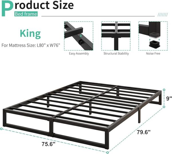 9 Inch King Bed Frame Sturdy Mattress Foundation, Heavy Duty Metal Platform with Steel Slats Support No Box Spring Needed, Noise Free, Easy Assembly, Black - Image 2