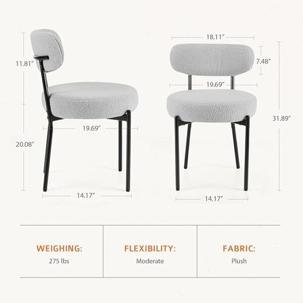 Sweetcrispy Dining Chairs Set of 4, Boucle Upholstered Modern Mid Century Round Kitchen Chairs with Curved Backrest & Metal Legs for Vanity, Living Room - Grey - Image 3