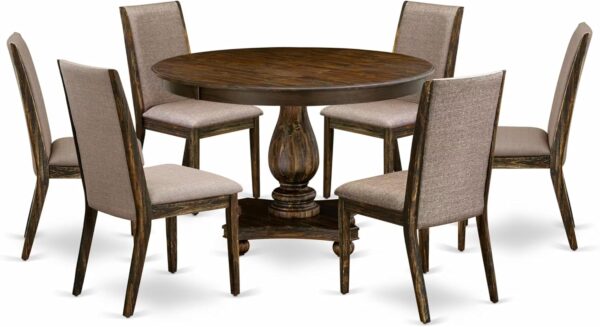 East West Furniture F2LA7-716 7 Piece Dining Table Set Consist of a Round Dining Room Table with Pedestal and 6 Dark Khaki Linen Fabric Upholstered Chairs, 48x48 Inch, Distressed Jacobean - Image 3