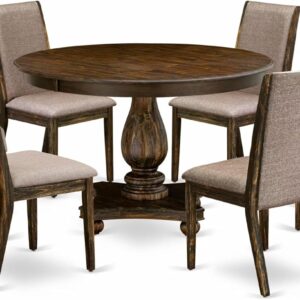 East West Furniture F2LA7-716 7 Piece Dining Table Set Consist of a Round Dining Room Table with Pedestal and 6 Dark Khaki Linen Fabric Upholstered Chairs, 48x48 Inch, Distressed Jacobean