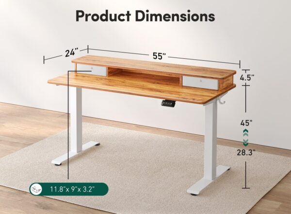 FEZIBO 55'' x 24'' Height Adjustable Electric Standing Desk with Double Drawer, Height Adjustable Computer Desk, Home Office Stand Up Table with 4 Height-Adjustable Feets & 2 Hooks, Light Rustic - Image 2