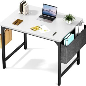 Sweetcrispy Computer Desk - 32 Inch Small Office Writing Work Study Kids Student Teacher Home Bedroom Table Storage Bag Headphone Hooks & no Wheels - White