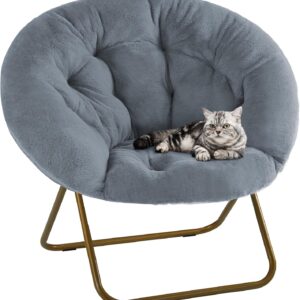 DUMOS Comfy Saucer Chairs Cozy Faux Fur Soft Lounge Cute Folding Bedroom Living Room Seat Flexible Reading Foldable Seating for Kids Adults Thick Padded Metal Frame Modern for Home Office Grey