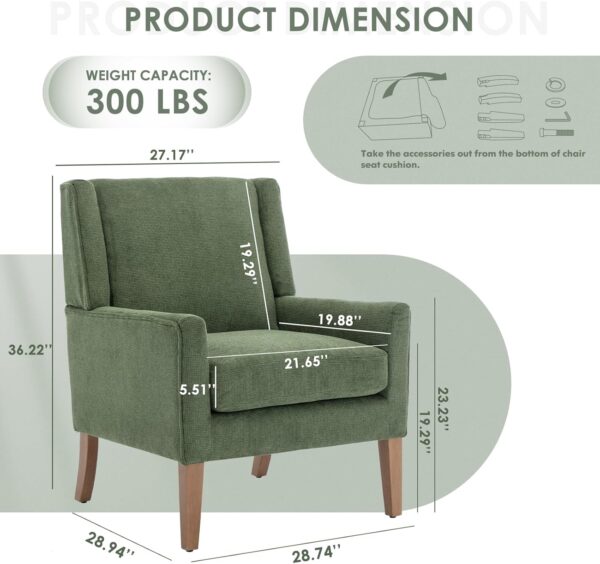 COLAMY Modern Wingback Living Room Chair, Upholstered Fabric Accent Armchair, Single Sofa Chair with Lounge Seat and Wood Legs for Bedroom/Office/Reading Spaces, Green - Image 2