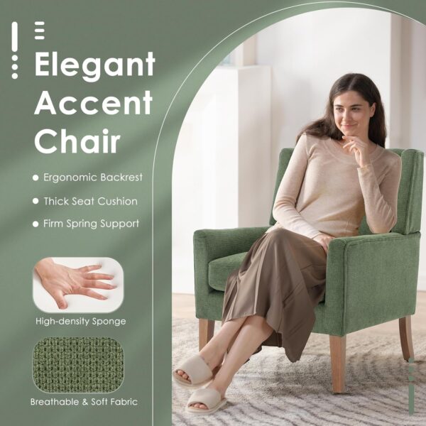COLAMY Modern Wingback Living Room Chair, Upholstered Fabric Accent Armchair, Single Sofa Chair with Lounge Seat and Wood Legs for Bedroom/Office/Reading Spaces, Green - Image 3
