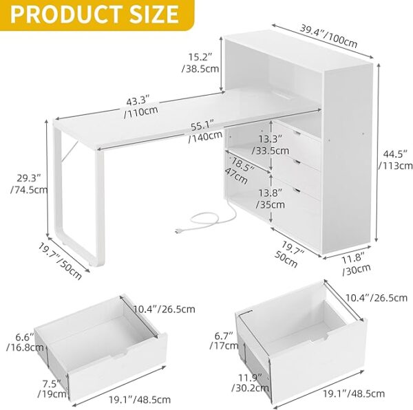 DWVO L Shaped Desk with Drawers & Power Outlets, 55" Computer Desk with Bookshelf, Corner Desk Home Office Desk with Storage Shelves & LED Lights, White - Image 2