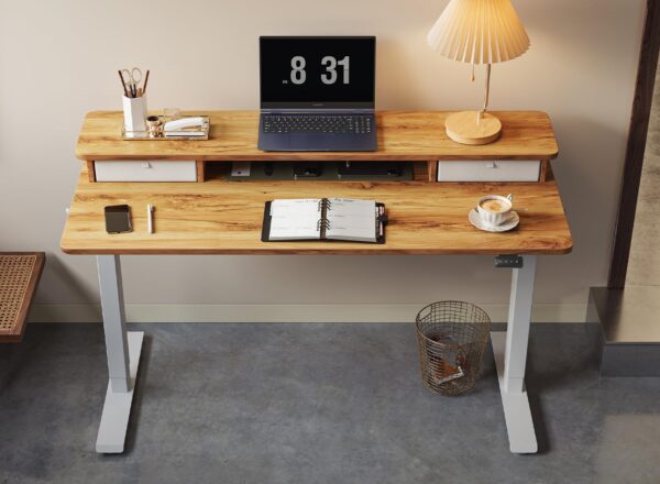 FEZIBO 55'' x 24'' Height Adjustable Electric Standing Desk with Double Drawer, Height Adjustable Computer Desk, Home Office Stand Up Table with 4 Height-Adjustable Feets & 2 Hooks, Light Rustic - Image 4