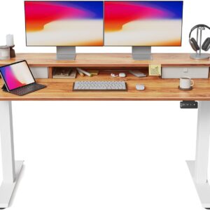 FEZIBO 55'' x 24'' Height Adjustable Electric Standing Desk with Double Drawer, Height Adjustable Computer Desk, Home Office Stand Up Table with 4 Height-Adjustable Feets & 2 Hooks, Light Rustic