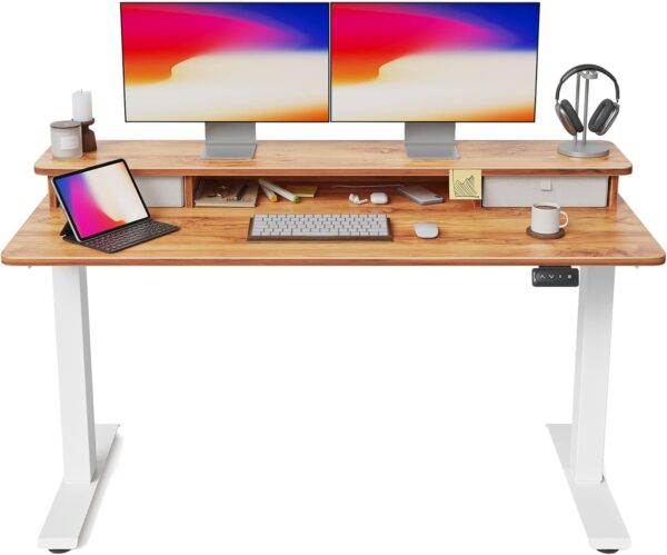 FEZIBO 55'' x 24'' Height Adjustable Electric Standing Desk with Double Drawer, Height Adjustable Computer Desk, Home Office Stand Up Table with 4 Height-Adjustable Feets & 2 Hooks, Light Rustic