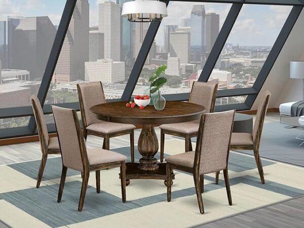East West Furniture F2LA7-716 7 Piece Dining Table Set Consist of a Round Dining Room Table with Pedestal and 6 Dark Khaki Linen Fabric Upholstered Chairs, 48x48 Inch, Distressed Jacobean - Image 5
