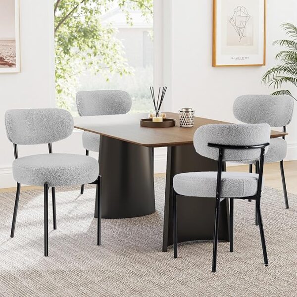 Sweetcrispy Dining Chairs Set of 4, Boucle Upholstered Modern Mid Century Round Kitchen Chairs with Curved Backrest & Metal Legs for Vanity, Living Room - Grey - Image 4
