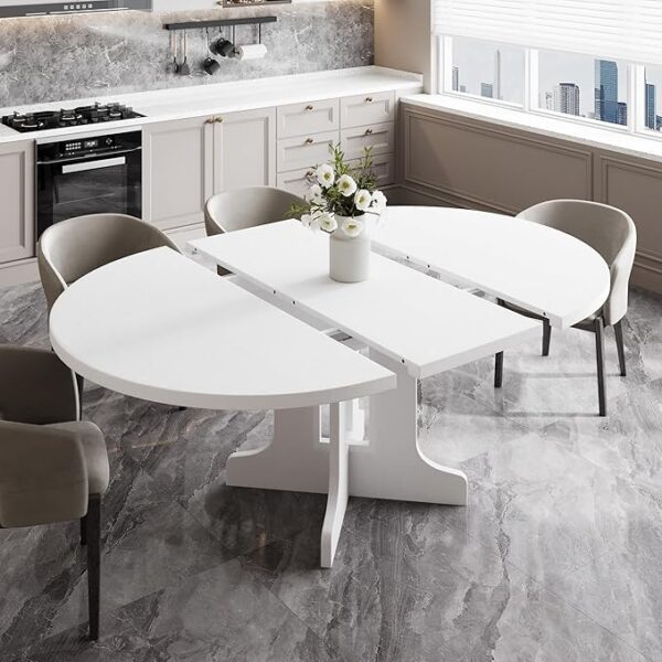 Feonase 59" Round Extendable Dining Room Table for 6, Modern Oval Kitchen Table with Heavy Duty Wood Base, for Kitchen Dining Living Room, Easy Assembly, Noise-Free, White - Image 2
