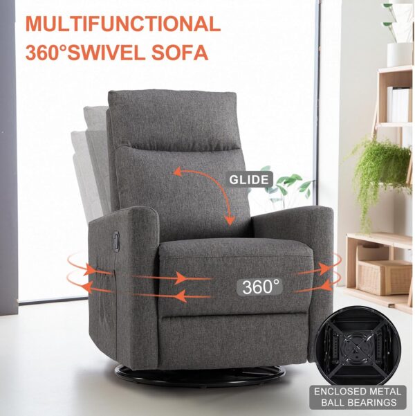 Sweetcrispy Recliner Chair, 360 Swivel Rocker Chair for Adults, Glider Rocker Recliners, Nursery Chairs for Living Room, High Back, Upholstered Deep Seat, Grey - Image 5