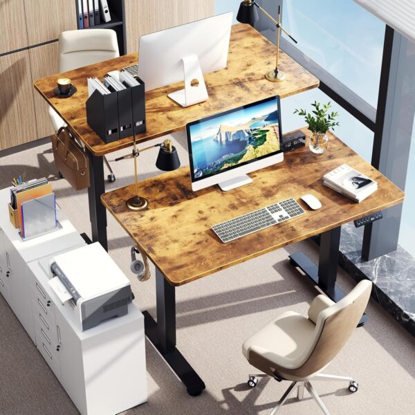 Veken 47.2" Standing Desk Electric, Height Adjustable Sit Stand Up, Wood Desktop, Work Home Office, Computer PC Table, Writing Rising Desks, Brown - Image 4
