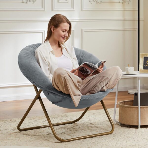 DUMOS Comfy Saucer Chairs Cozy Faux Fur Soft Lounge Cute Folding Bedroom Living Room Seat Flexible Reading Foldable Seating for Kids Adults Thick Padded Metal Frame Modern for Home Office Grey - Image 4