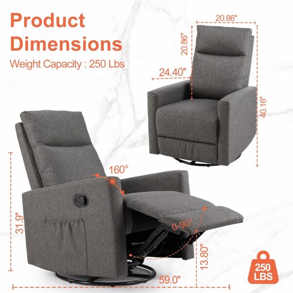 Sweetcrispy Recliner Chair, 360 Swivel Rocker Chair for Adults, Glider Rocker Recliners, Nursery Chairs for Living Room, High Back, Upholstered Deep Seat, Grey - Image 4