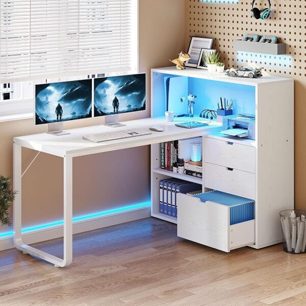 DWVO L Shaped Desk with Drawers & Power Outlets, 55" Computer Desk with Bookshelf, Corner Desk Home Office Desk with Storage Shelves & LED Lights, White - Image 4