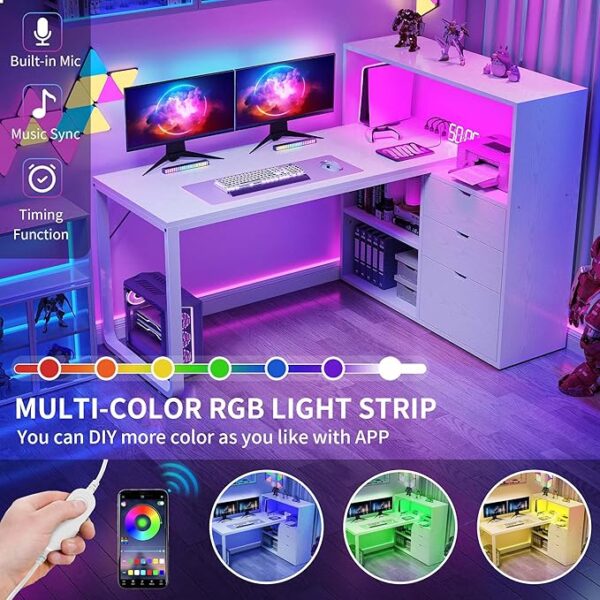 DWVO L Shaped Desk with Drawers & Power Outlets, 55" Computer Desk with Bookshelf, Corner Desk Home Office Desk with Storage Shelves & LED Lights, White - Image 5