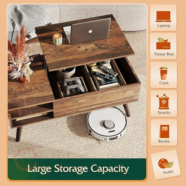 WLIVE Wood Lift Top Coffee Table with Hidden Compartment and Adjustable Storage Shelf, Lift Tabletop Dining Table for Home Living Room, Office, Rustic Oak - Image 3